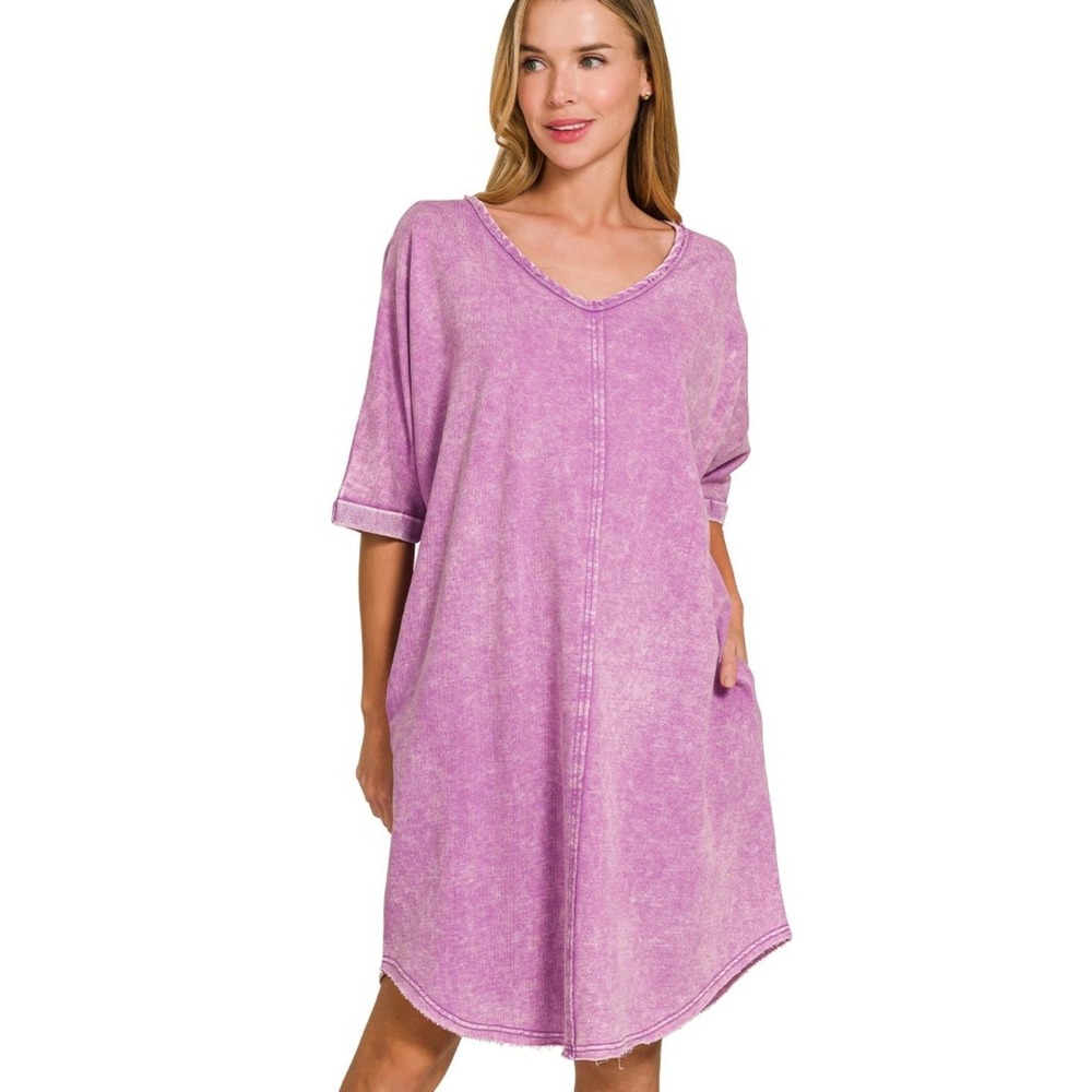 Zenana Acid-washed French Terry Tee Shirts Dress - S/M